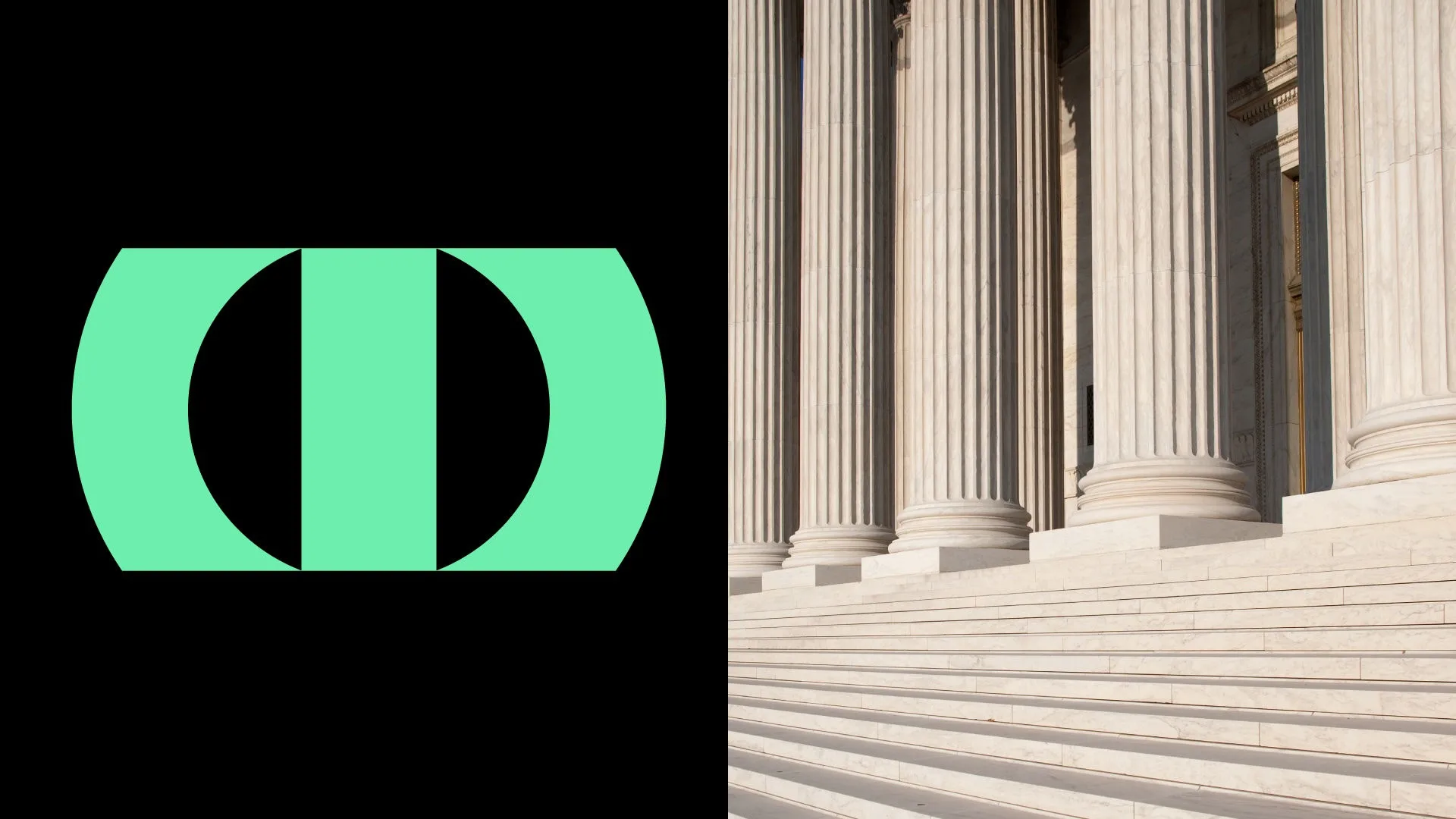Decorative graphic of a green geometric logo on a black background next to a photo of large stone courthouse columns and steps, representing regulatory enforcement or legal oversight.