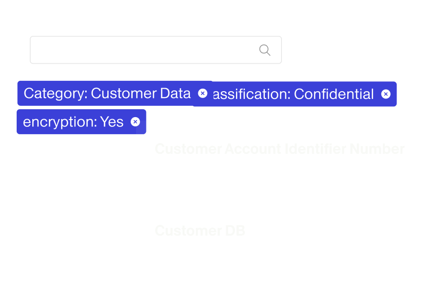 A digital search interface displays a search bar at the top with several blue tag labels underneath. The visible tags read Category: Customer Data, classification: Confidential, and encryption: Yes, indicating sensitive information handling. The background shows faint blurred text suggesting additional customer-related details. The overall design emphasizes data security, classification, and encryption in a modern UI.