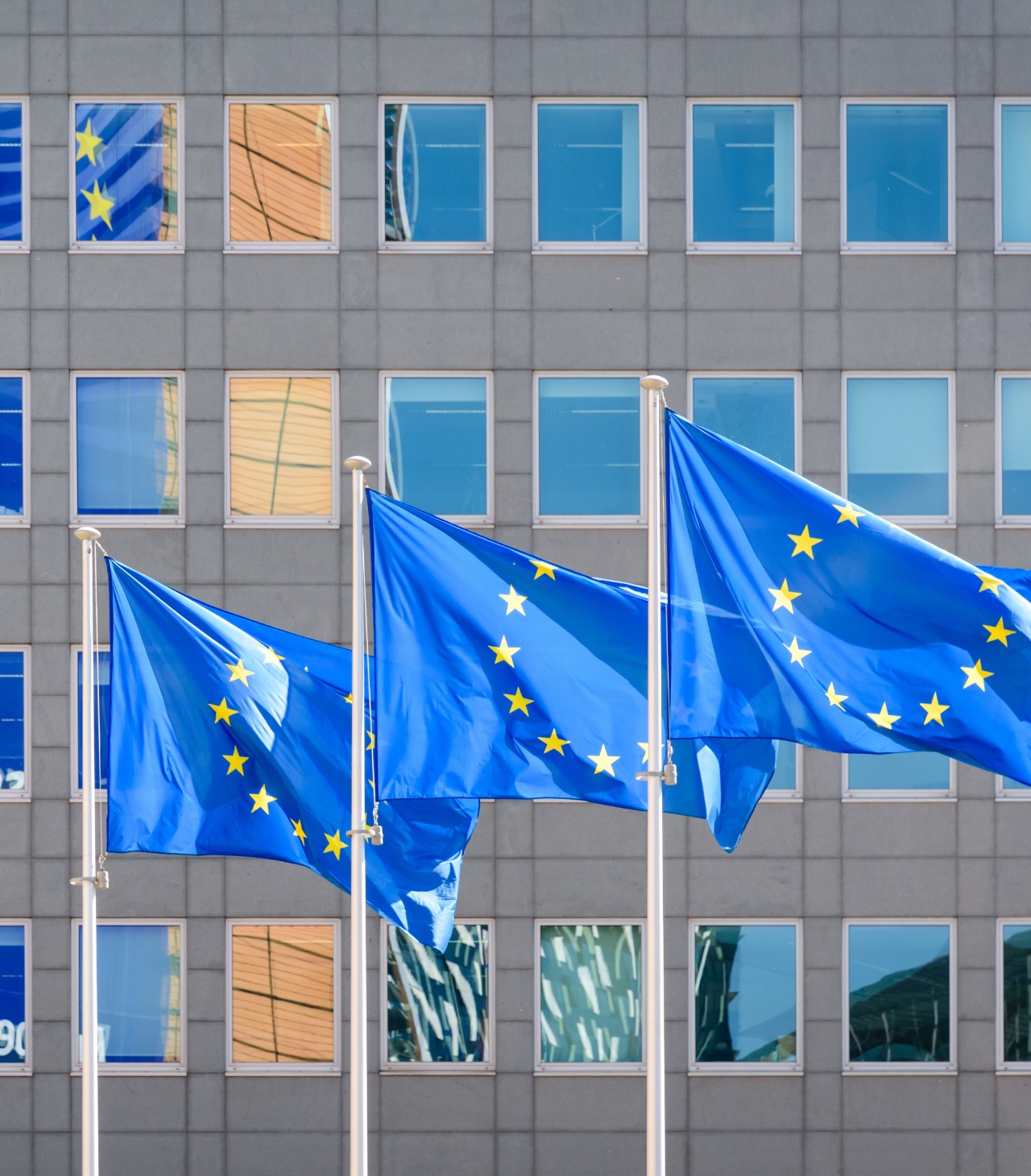 Multiple EU flags in front of an office building